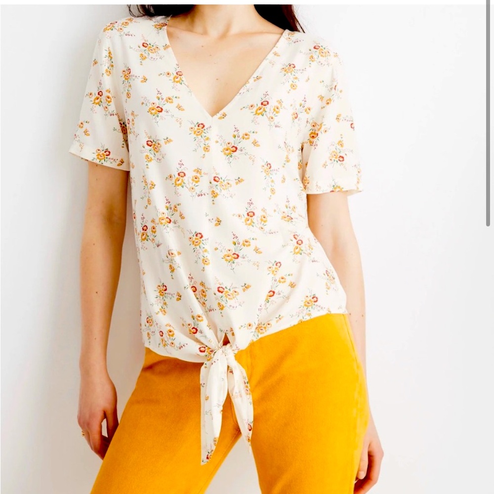 Madewell Novel Tie Front Top in Windowbox Floral V-Neck Short Sleeve Size medium
